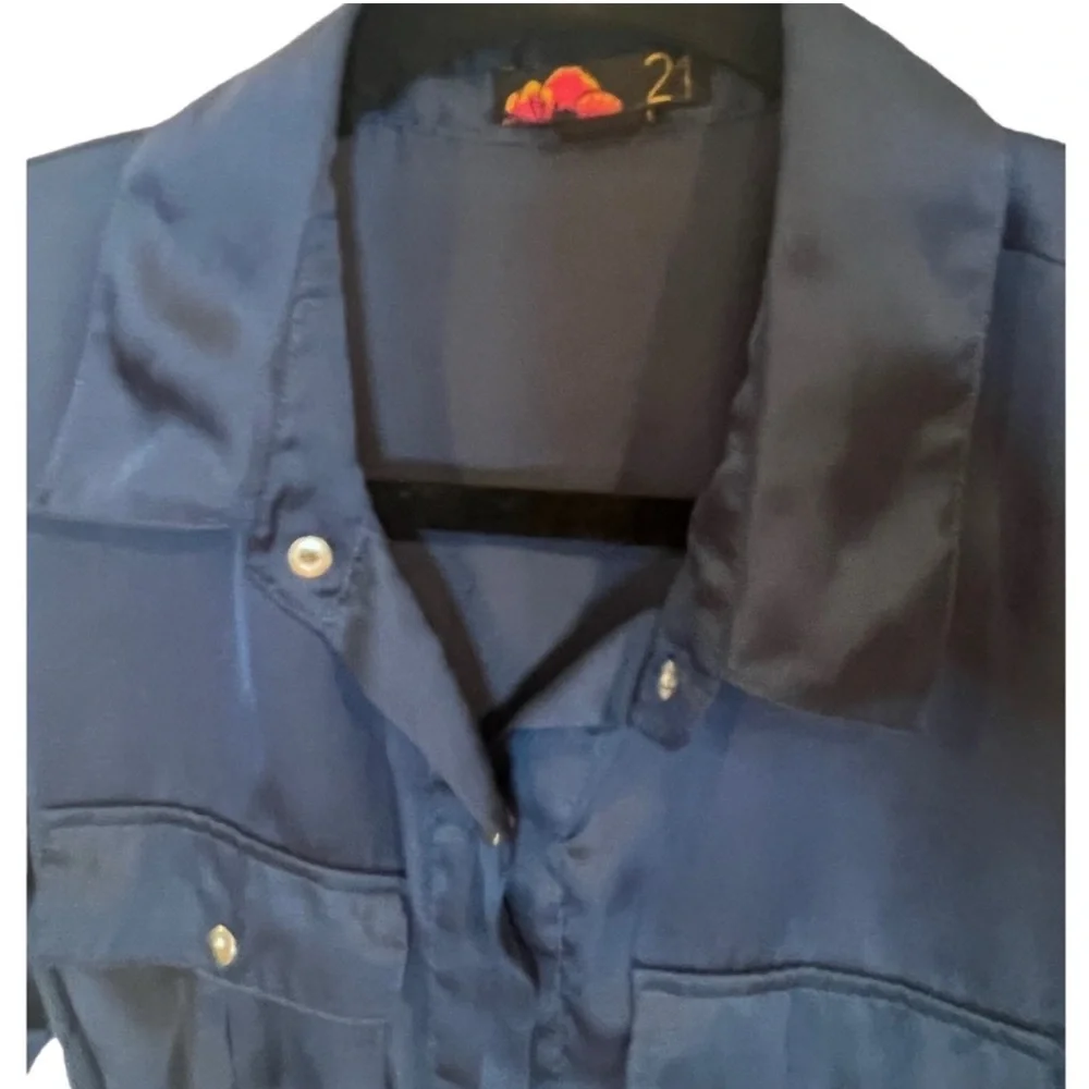 21 Slate blue satin feel snap front Top with belt Women's Button-Up Blouse - Picture 6 of 7